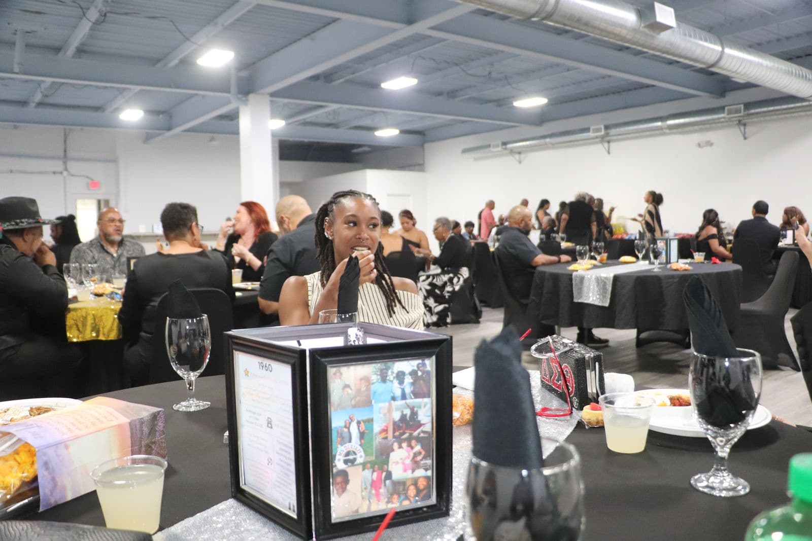 Guests seated at draped tables during a milestone gala